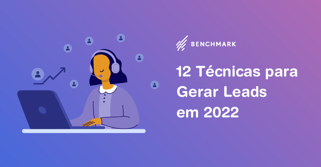 ícone de mulher com fone de ouvido mexendo em seu computador e pensando, com o título do artigo "12 técnicas para gerar leads em 2022" ao lado direito.