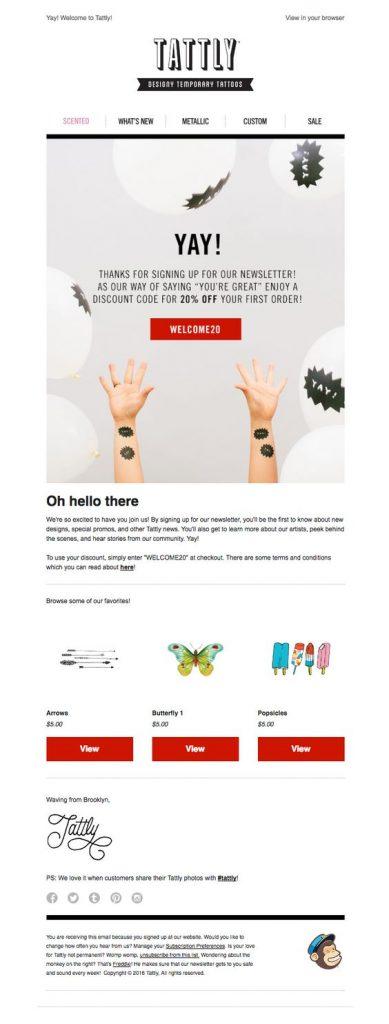 Captura de tela com o email de boas-vindas da Tattly, um dos tipos de email mais importantes para uma marca