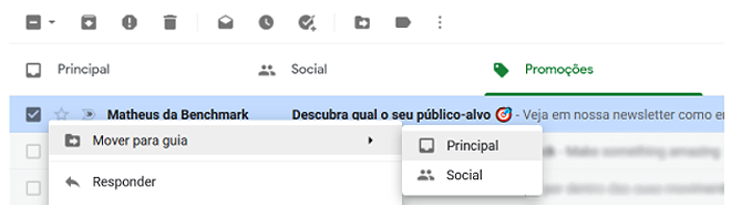 captura de tela mostrando como mover um email de uma aba para outra no Gmail