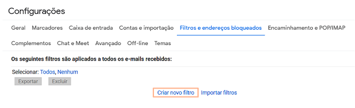 captura de tela mostrando como criar um filtro no Gmail