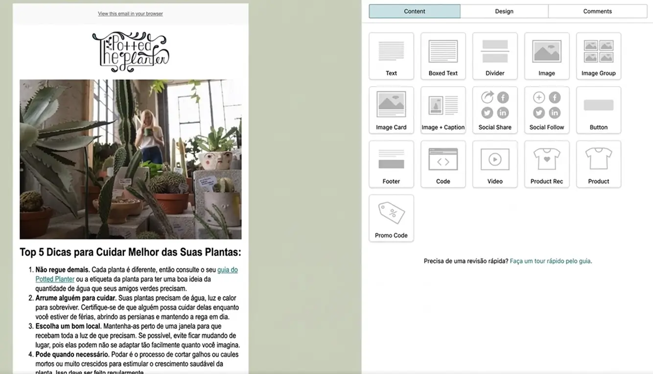 O Classic Builder do Mailchimp possui blocos de construção à direita e pré-visualização do email à esquerda.