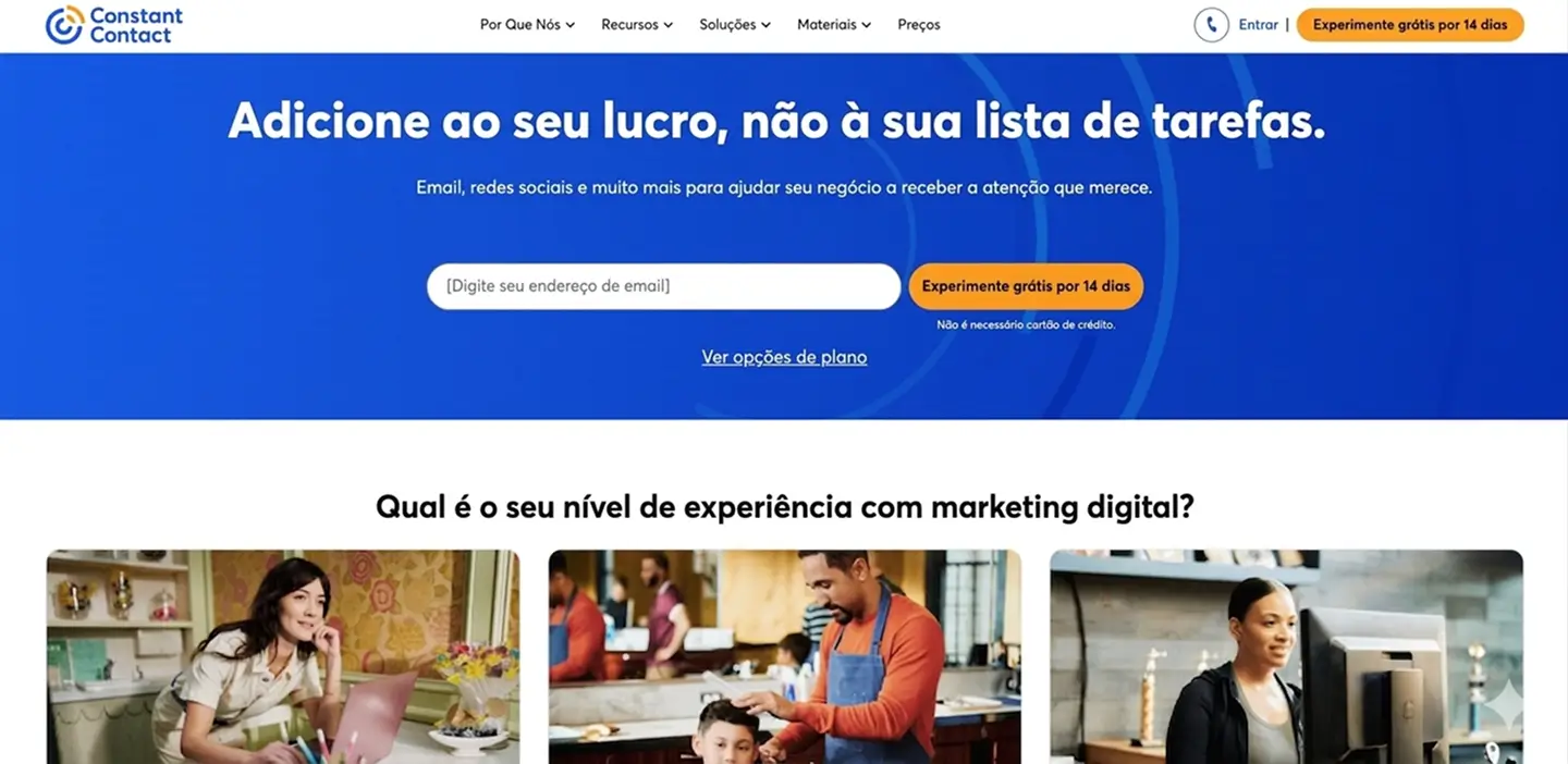 Constant Contact's homepage has a slogan: 'We're here to help you grow'.