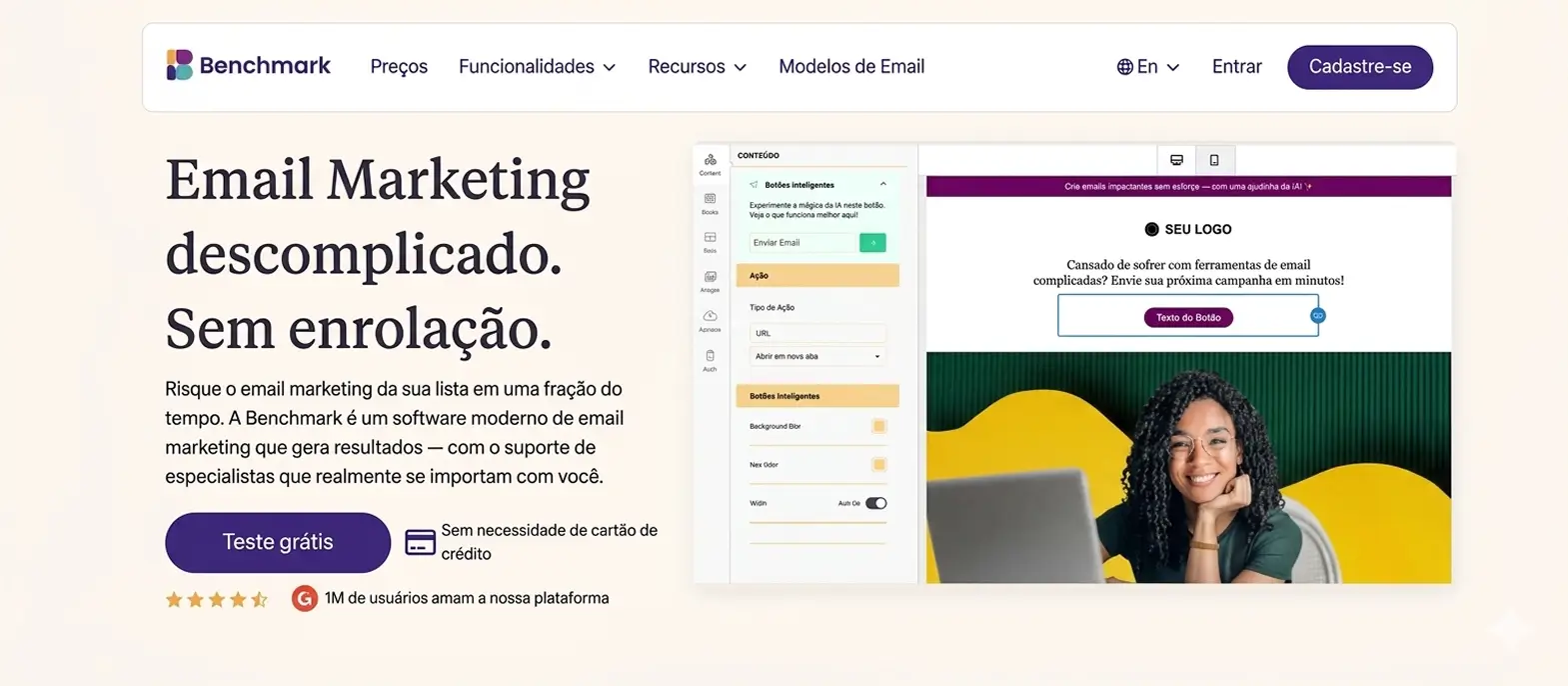 A página inicial do Benchmark mostra o slogan: 'Email Marketing sem esforço. Zero B.S.'