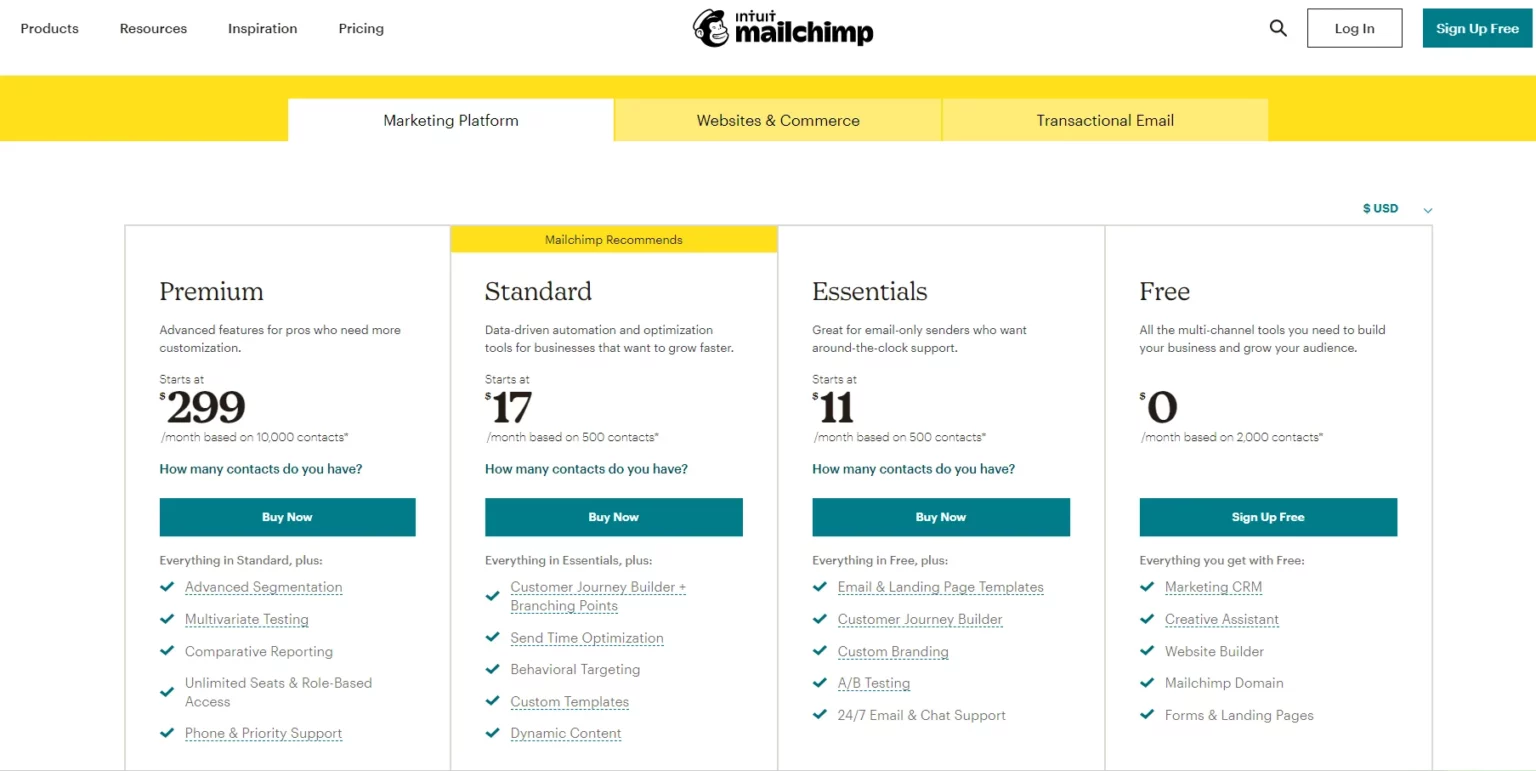 screenshot pricing of mailchimp