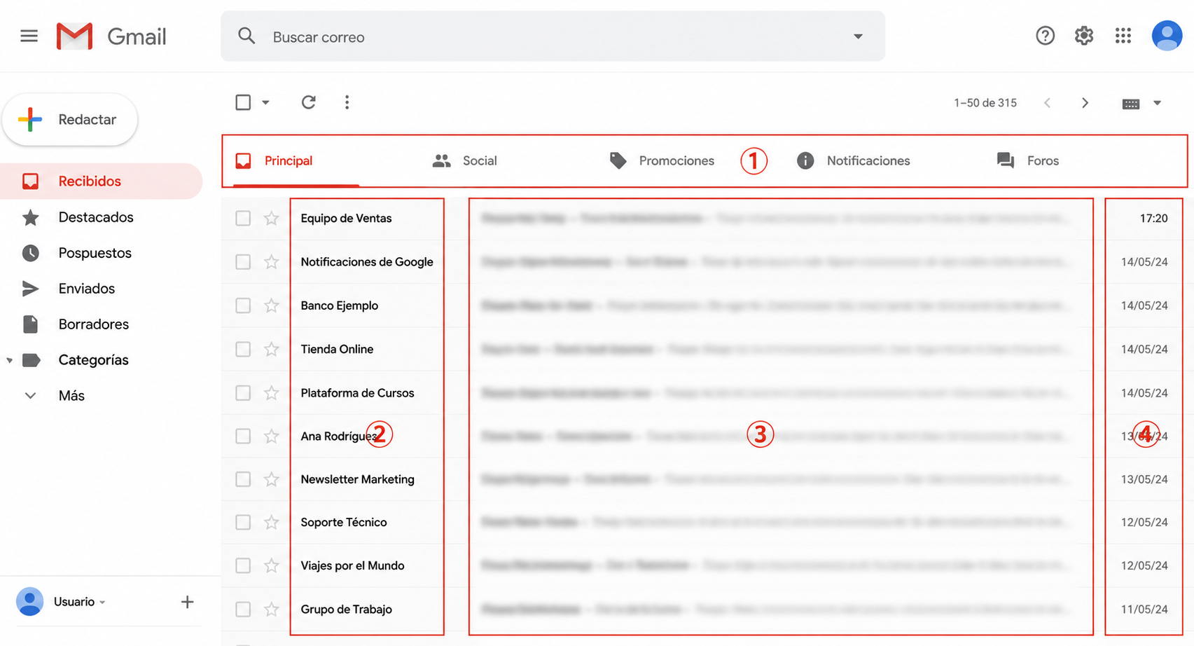 Elementos visibles en la bandeja de entrada de Gmail