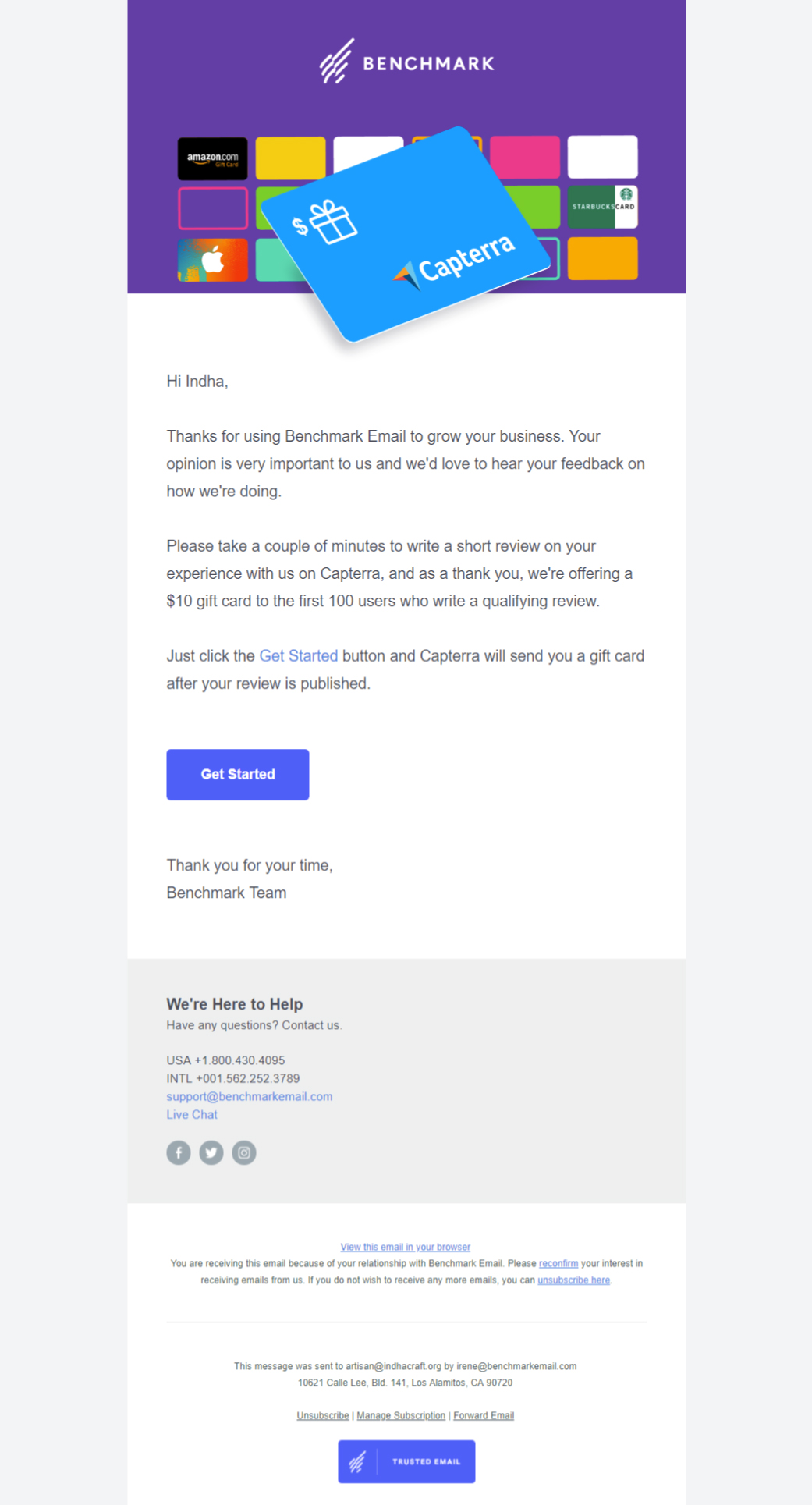 Benchmark Email's Review Request email