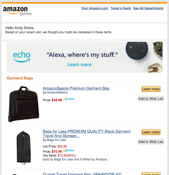 Amazon website tracking email campaign