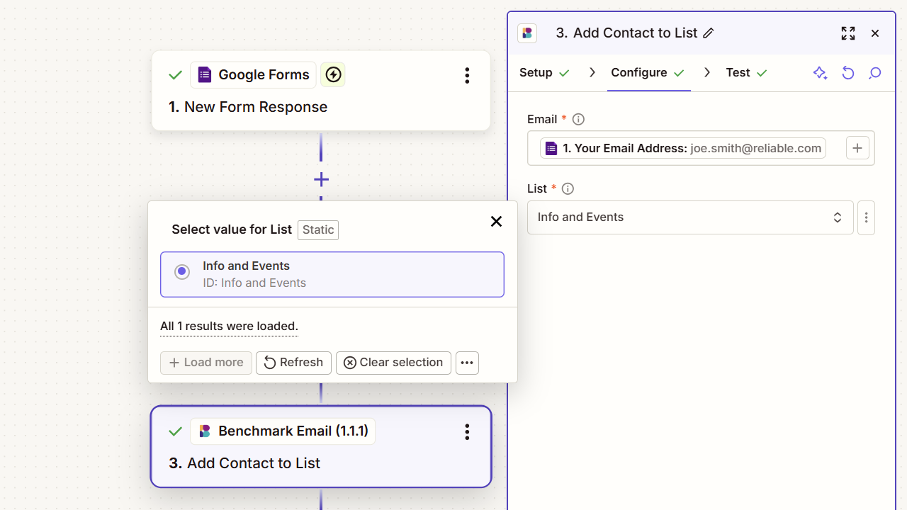 Mapping Google Forms fields to a Benchmark Email contact and list in Zapier