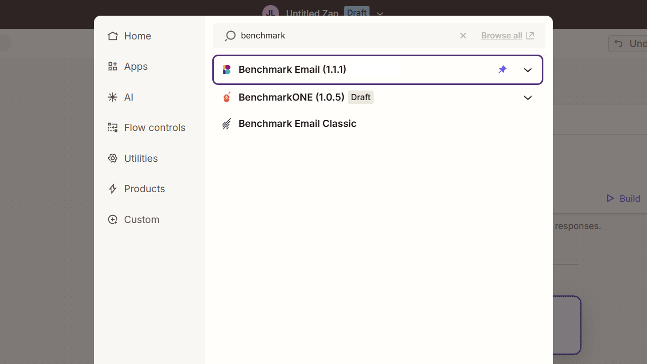 Searching for and selecting Benchmark Email in the Zapier app picker