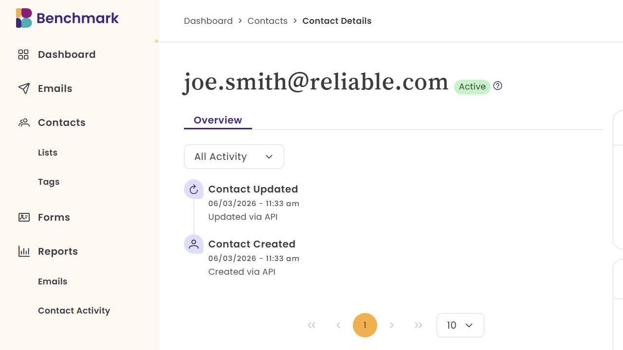 A Benchmark Email contact showing Created and Updated via API activity
