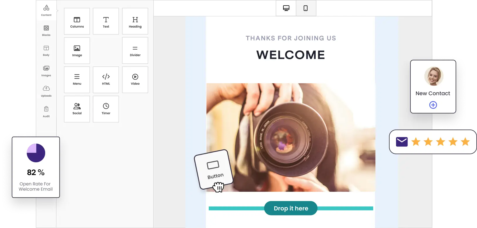 Benchmark Email drag-and-drop editor and campaign engagement indicators