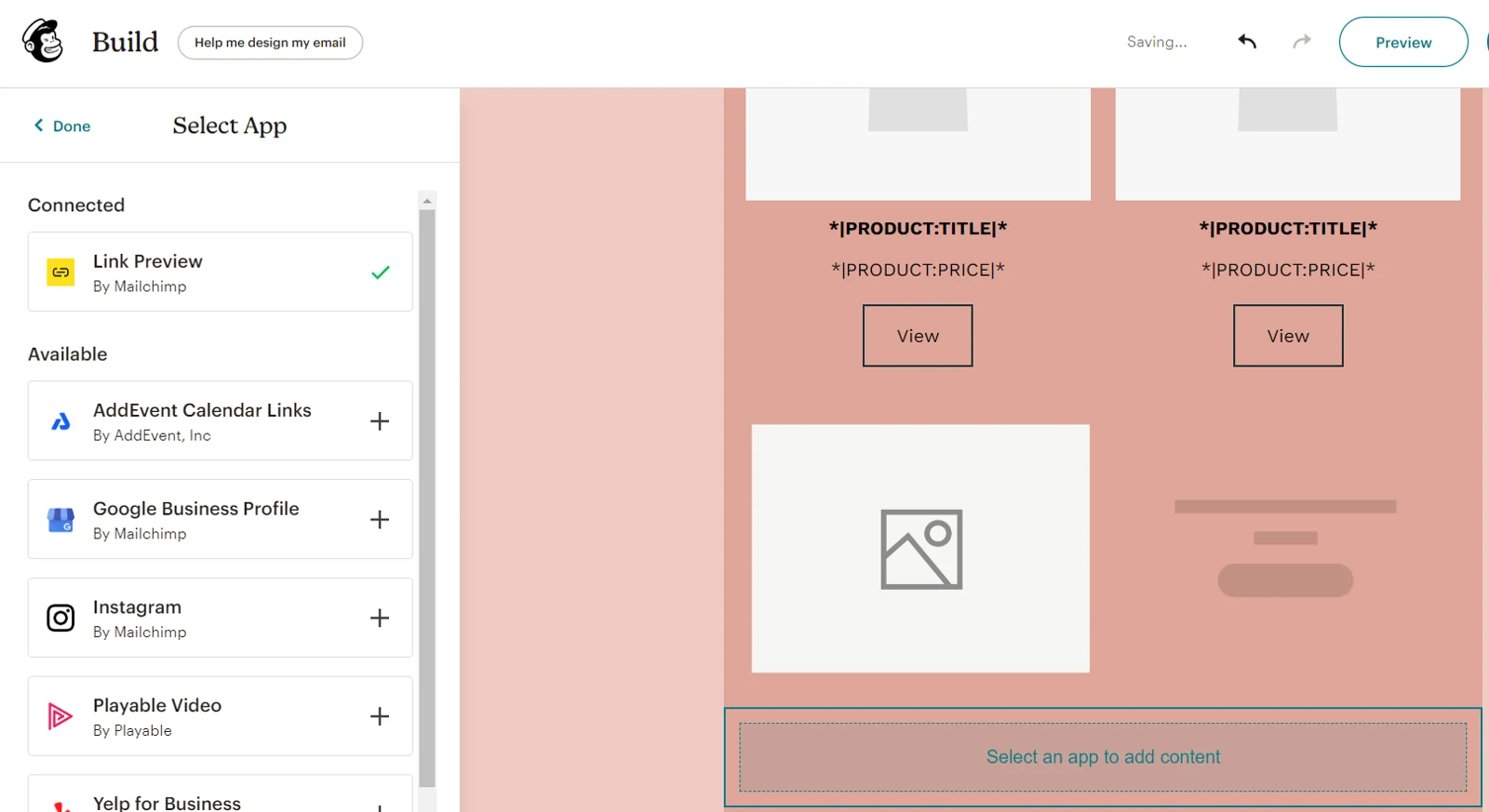 Mailchimp’s New Builder is set so that on the left it has building blocks for headings, paragraphs, images, buttons, dividers, spacers, videos, and more, and on the right, there’s a building board with a preview of an email getting built.