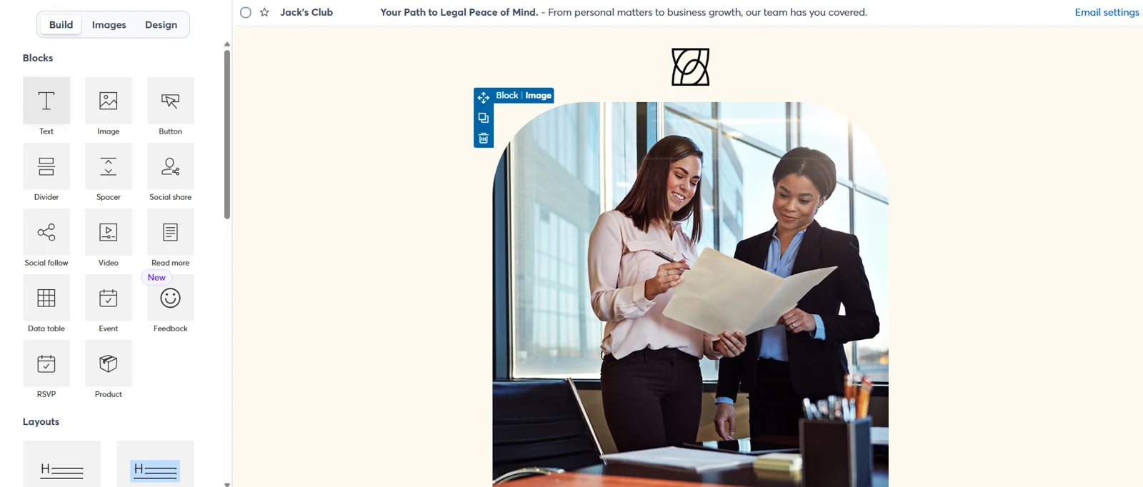 Constant Contact’s email builder is set so that on the left it has building blocks for text, images, buttons, dividers, spacers, videos, and more, and on the right, there’s a building board with a preview of an email getting built.
