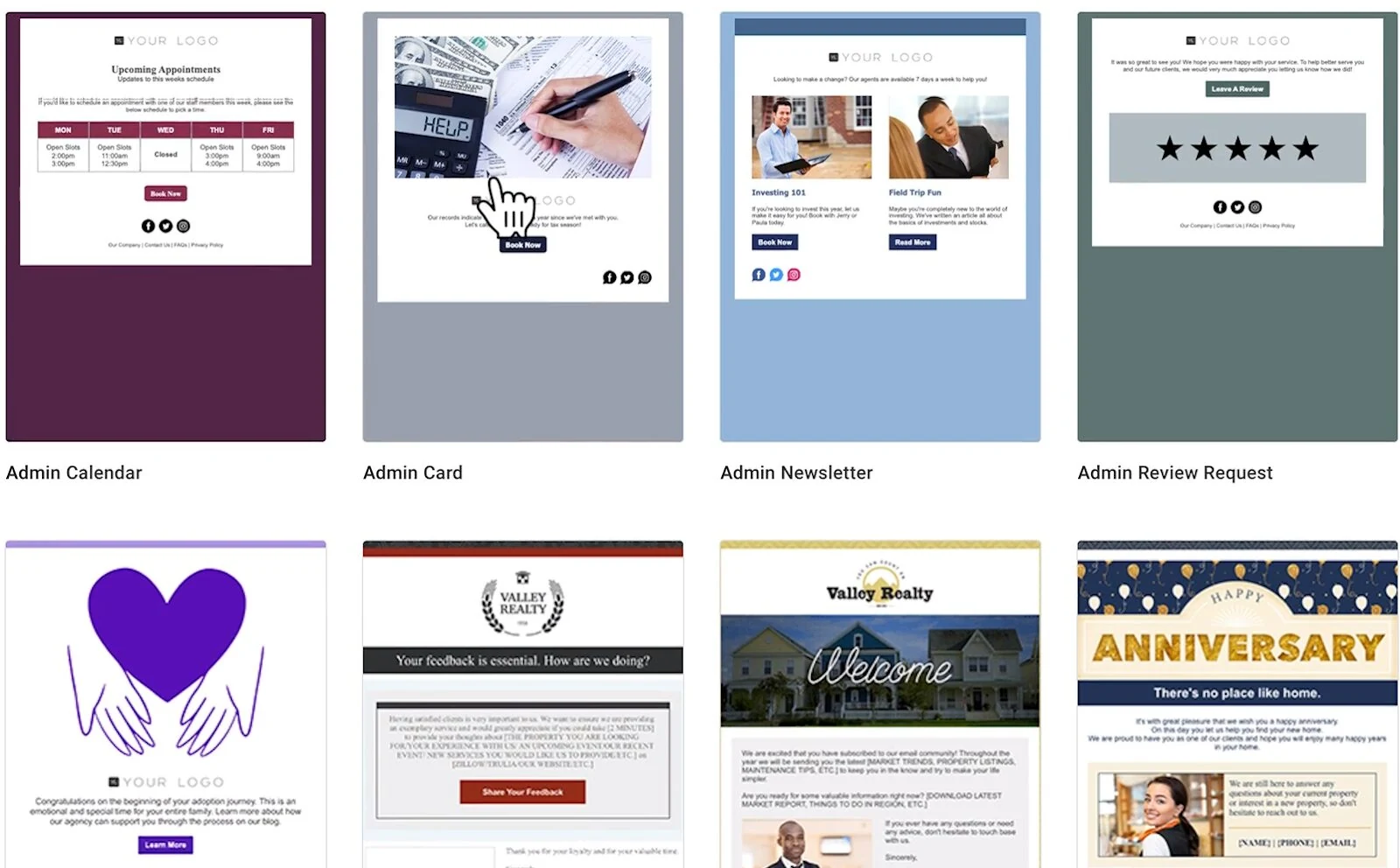 Constant Contact pre-made email templates include templates for a calendar, card, newsletter, and review request.
