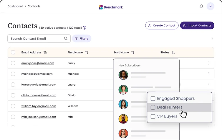 Benchmark Email contact management dashboard with filters and segments