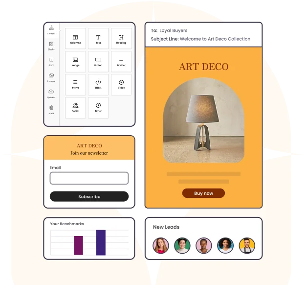 Benchmark Email builder, campaign, sign-up form, and reporting examples