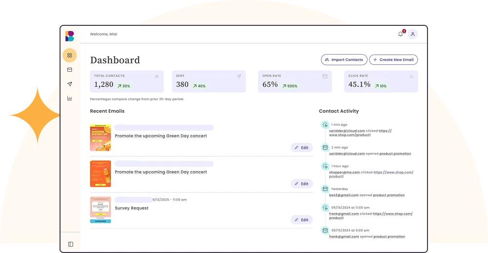 Benchmark Email dashboard with campaign and contact activity