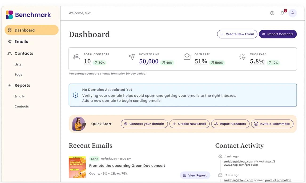 Benchmark Email dashboard