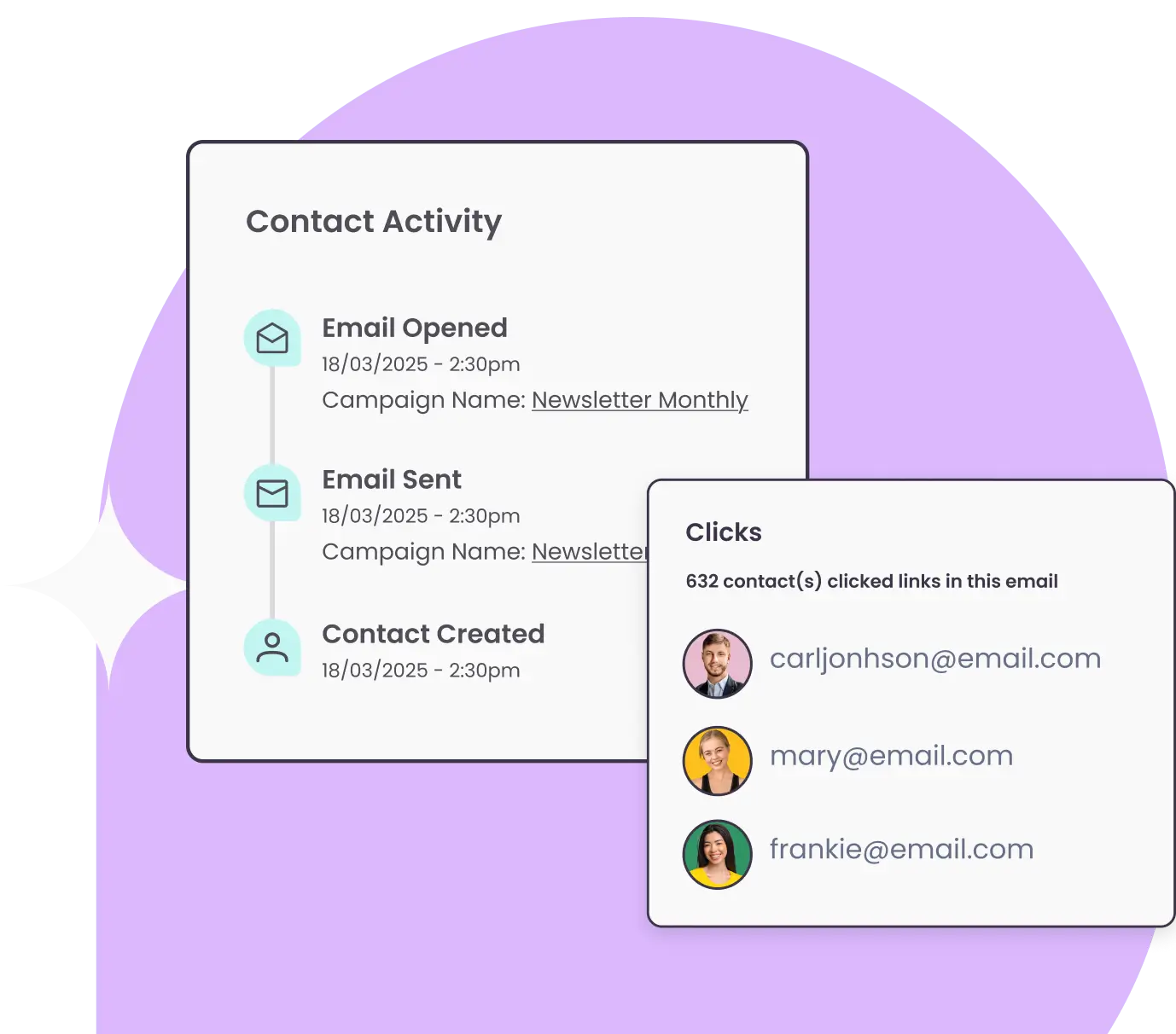 Benchmark Email contact activity and contact details panels