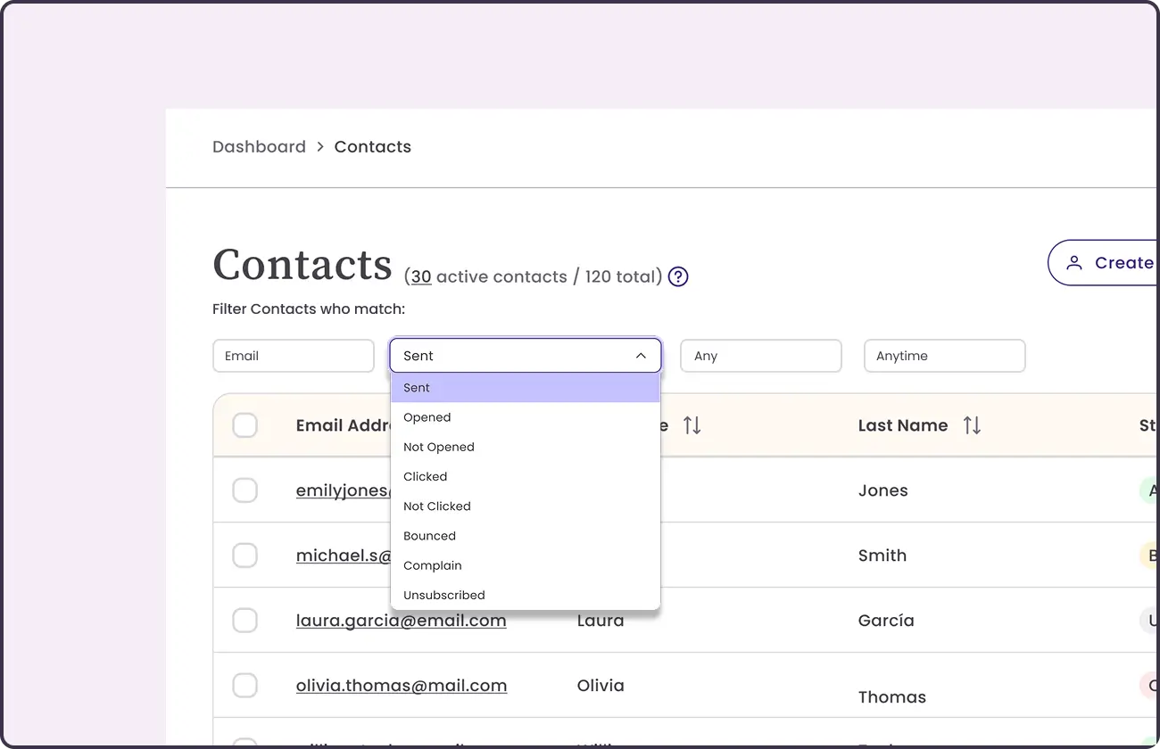 Benchmark Email contact engagement tracking table