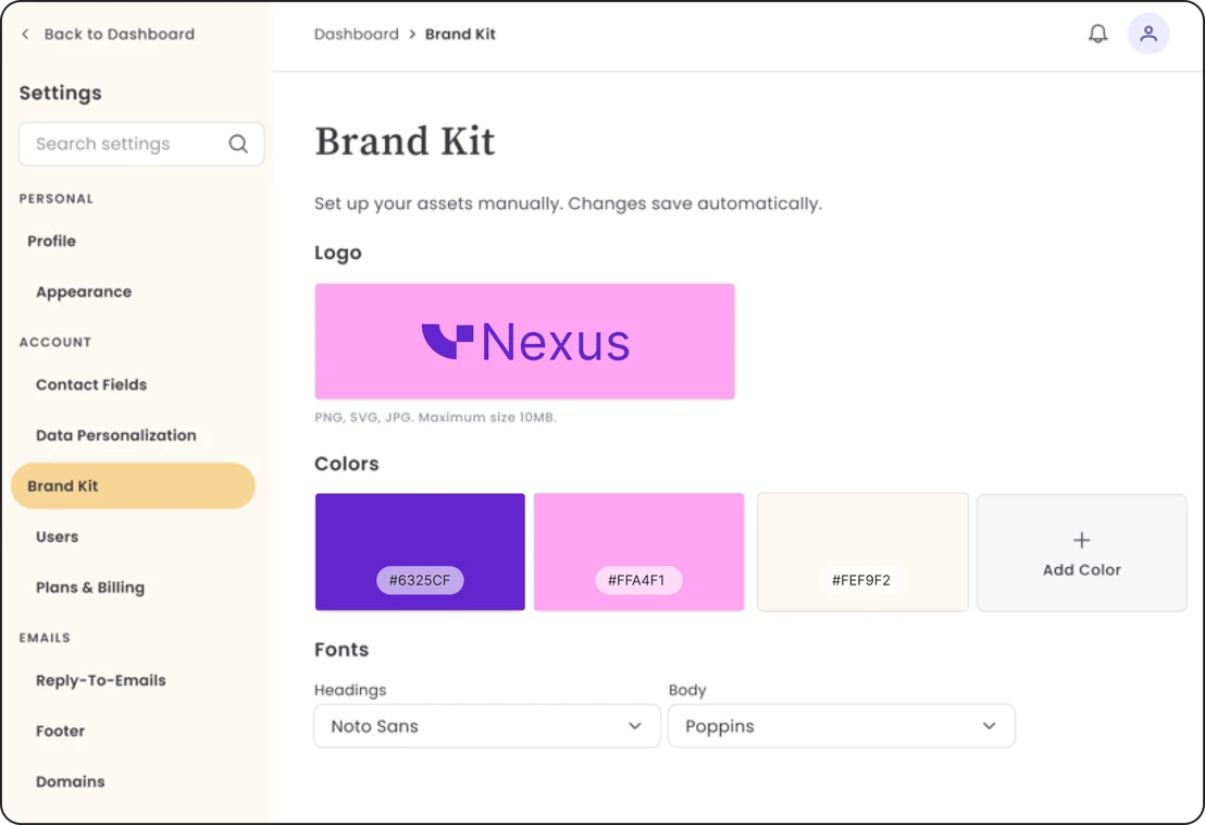 Benchmark Brand Kit with saved Nexus logo, brand color palette, and global font settings