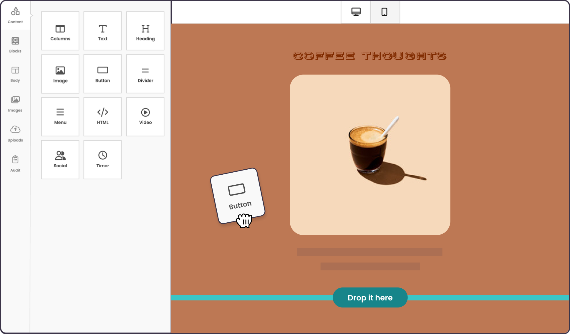 Benchmark drag-and-drop email editor showing a coffee promotion