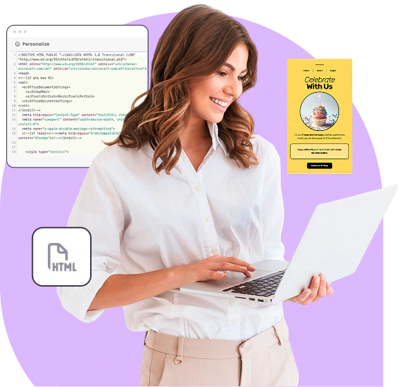 A marketer holding a laptop beside an HTML email preview