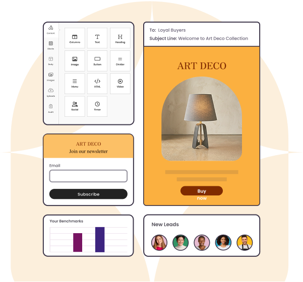 Benchmark Email campaign and audience dashboard cards
