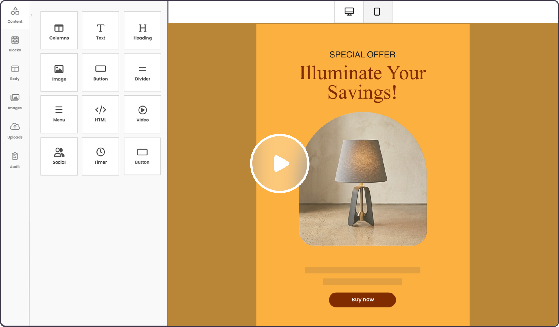 Benchmark Email editor showing an Illuminate Your Savings campaign