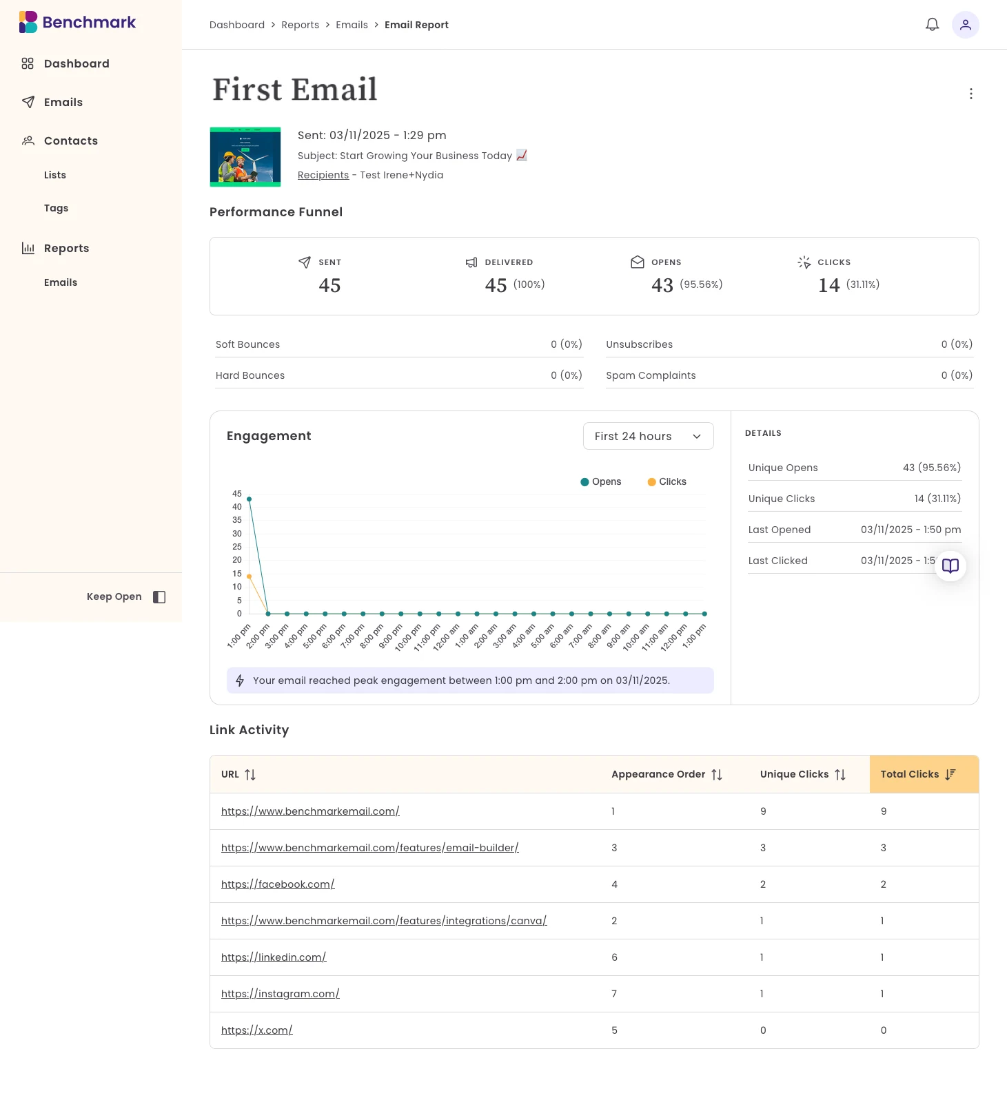 Benchmark Email offers clean and comprehensive reports.: product interface