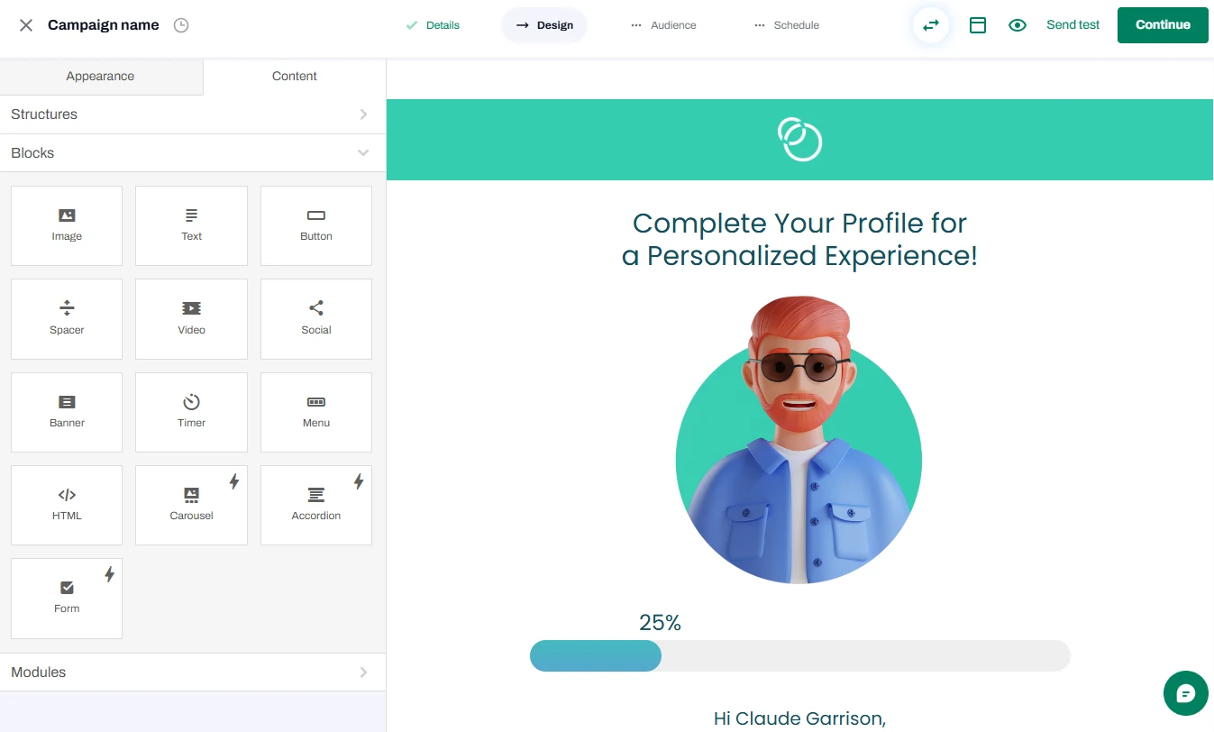 tinyEmail offers a huge template library and a brand kit feature for faster, on-brand email creation.: product interface