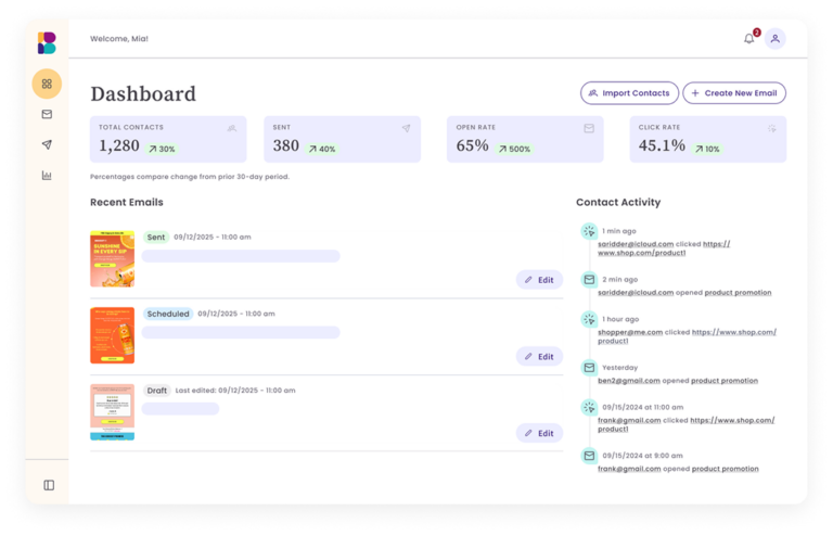 Benchmark Email dashboard with nonprofit contacts and recent emails