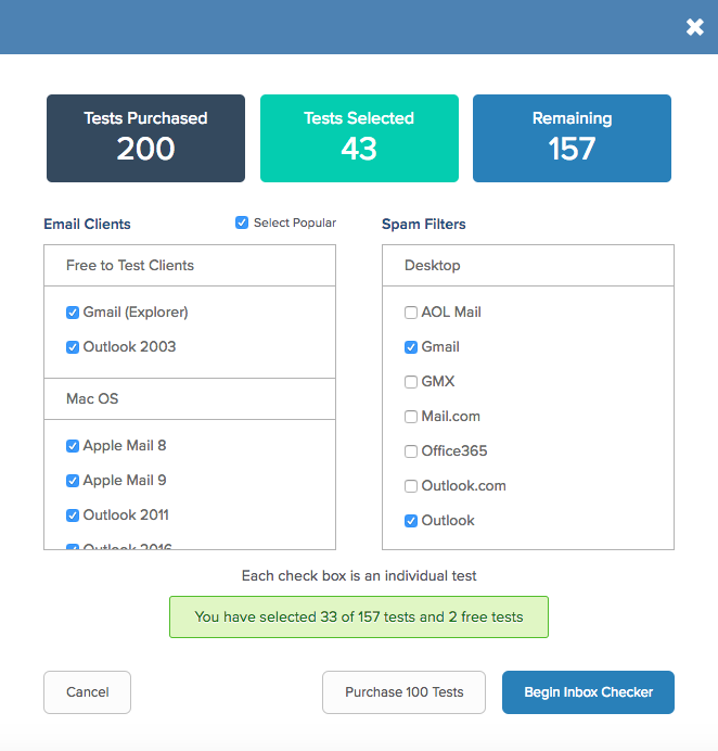 Inbox Checker test options