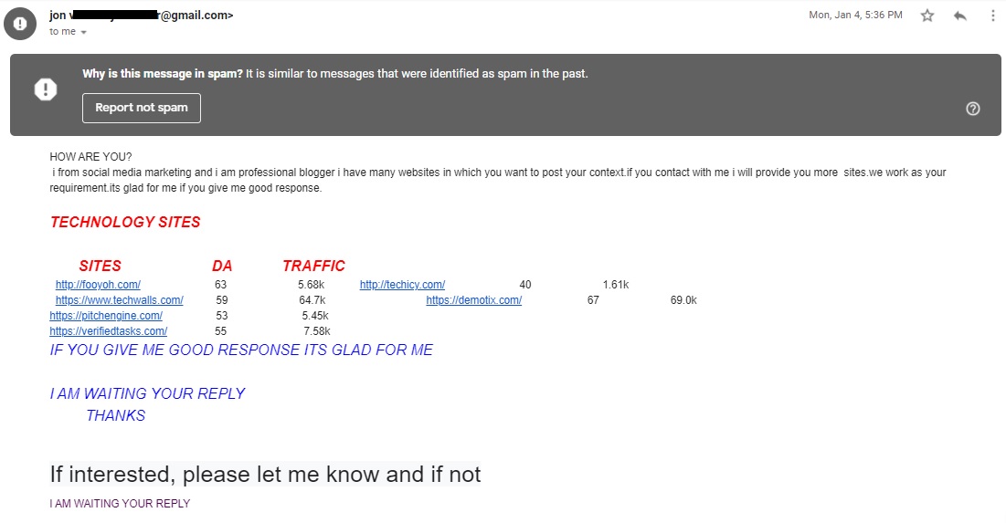 captura de tela com email mal formatado que ativou um filtro de spam