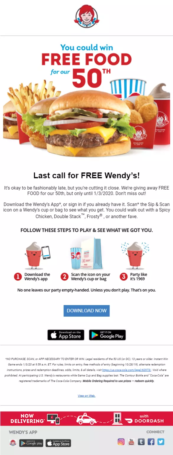 Wendys Marketing Email | jrdhub | 30 Successful Examples of Email Marketing Campaign Templates | https://jrdhub.com