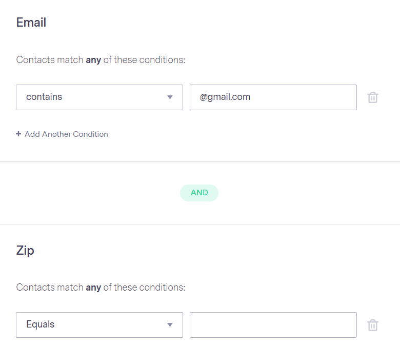 Benchmark's contact segmentation feature allows segmenting contacts based on contact information like email and zip code.