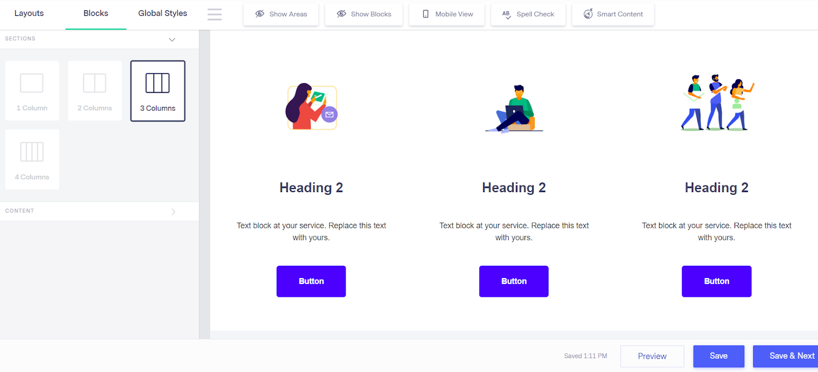 Benchmark's landing page builder has tools for layouts, blocks, and global styles on the left and a building board with a preview of a landing page getting built on the right.