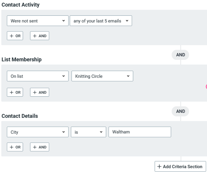 Constant Contact's automation feature lets you chain multiple criteria sections together, including contact activity, list membership, and contact details.